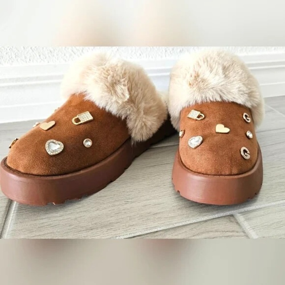 Brown Faux Fur Mule Charmed Platform Slipper Shoes